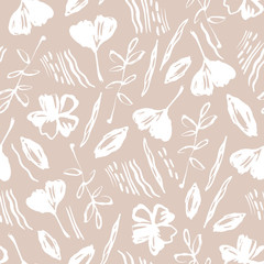 Seamless pattern with hand drawn flowers and ginkgo leaves.
