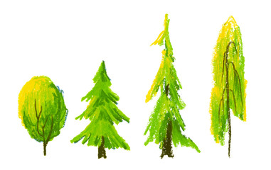 set of trees isolated on white painted by wax crayons. Kids drawing. 