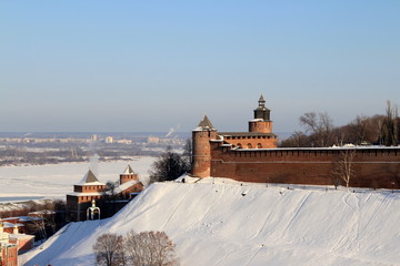 nizhniy novgorod kremlin in winter - obrazy, fototapety, plakaty