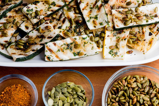 Grilled Vegetables. Farm Fresh Organic Veggies, Squash, Zucchini, Red Bell Peppers, Purple Onions Grilled With Olive Oil And Seasoned With Salt And Pepper, A Classic Restaurant Favorite Side Dish