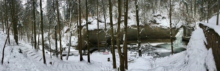 Vista panoramica de una cascada helada en un bosque suizo durant invierno