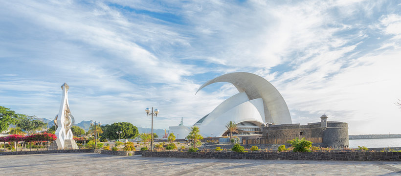 TENERIFE, SPAIN - December 24, 2019: Panoramic view of Santa Cruz de Tenerife  with Auditorio de Tenerife, The Castle of St John the Baptist and Mobile sculpture  in center of capital of Tenerife