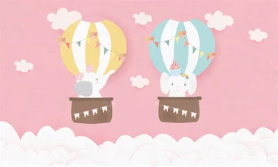 Tuinposter Dieren in luchtballon het paar lieve en schattige olifanten. ze zitten op balloon.adorable stripfiguur op de cloud.one van dieren versieren met roze pastel bow.cup cake op kawaii head.happy valentijnsdag.