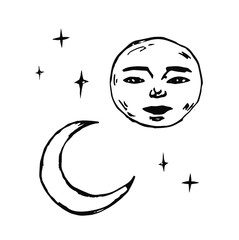 Antique style hand drawn line art and dot work full moon isolated. Boho chic tattoo or print design vector illustration, doodle style