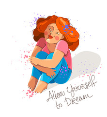 Cute adorable happy woman sitting barefoot on a ground isolated on white, enjoy every moment of life concept, allow yourself to dream, rest and calm, ease and laze.