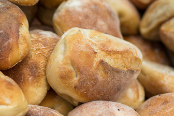 Fresh Bread Pile, French Style, White Flour, Crispy, Mahane Yehuda Market, Jerusalem, Israel.