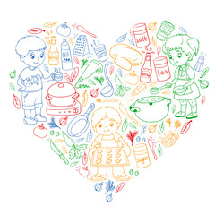 Vector pattern with cooking class for little children. Kids icons. Healthy eating.