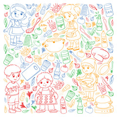 Vector pattern with cooking class for little children. Kids icons. Healthy eating.