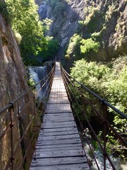 Puente sobre rio fluyendo entre &aacute;rboles en un d&iacute;a soleado.