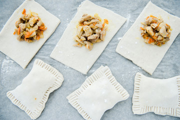 Raw dough with filling. Chicken pie. Dough preparation. Cooking process 