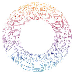 Vector pattern with cooking class for little children. Kids icons. Healthy eating.