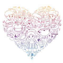 Vector pattern with cooking class for little children. Kids icons. Healthy eating.