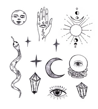 Vintage boho illustration with magic hands,moon phases.Astrology,astronomy concept.Witchcraft symbols: snake, eyes, fortune telling magic crystal ball with eye of providence.for tattoo, textile, card