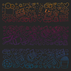 Vector pattern with cinema icons. Movie Theater, TV, popcorn, video clips, musical