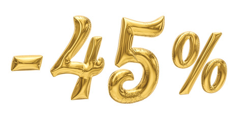 45% discount sale promotion off gold ballons number 3d rendered isolated on white background.	