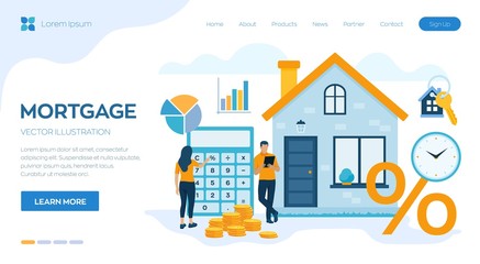 Mortgage concept. House loan or money investment to real estate. Property money investment contract. Buying Home. Man and woman calculates home mortgage rate. Vector illustration with characters.