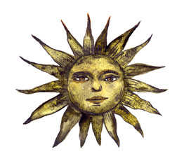Watercolor engraved sun with the face, astronomy, magic, occulture. Elegant emblem for hand crafted cosmetics, jewelry products or esoteric,design logo, print, label, badge, sticker, emblem, sign - 326379581
