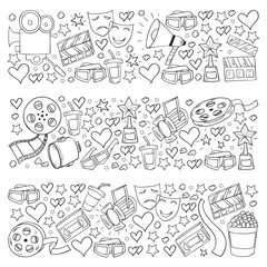 Vector pattern with cinema icons. Movie Theater, TV, popcorn, video clips, musical