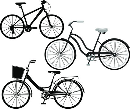 Set of vector images of bicycles. Sketch, engraving, fashion design. Vector illustration of a road bike silhouette. Environmentally friendly mode of transport. Healthy lifestyle.