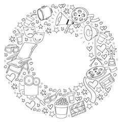 Vector pattern with cinema icons. Movie Theater, TV, popcorn, video clips, musical