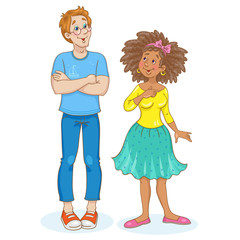A young man and a cute girl are standing and talking. A pair of different nationalities. In cartoon style. Isolated on white background. Vector illustration.