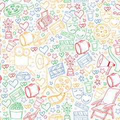 Vector pattern with cinema icons. Movie Theater, TV, popcorn, video clips, musical
