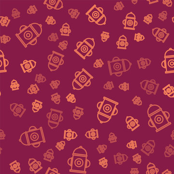 Brown line Fire hydrant icon isolated seamless pattern on red background. Vector Illustration