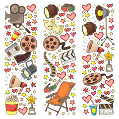 Vector pattern with cinema icons. Movie Theater, TV, popcorn, video clips, musical