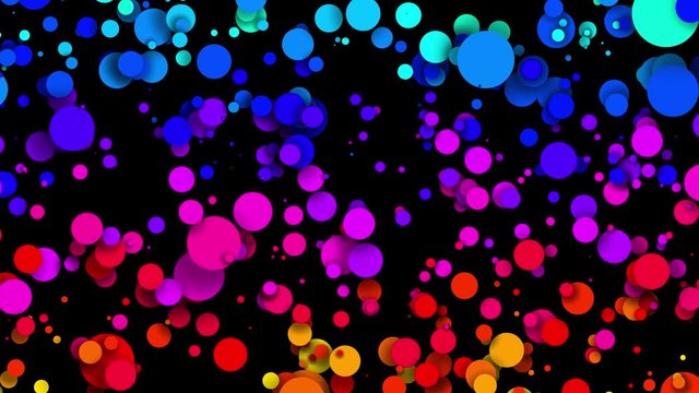4k looped seamless abstract background, beautiful multi-colored circles in flat style like paint bubbles or dye droplets in water. Luma matte as alpha channel. Particles increase and decrease 4