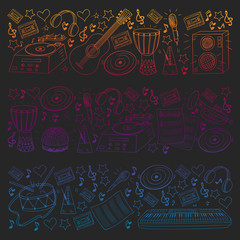 Vector pattern with musical intstruments. Rock, jazz, disco, karaoke. Modern and classic music. Doodle style icons.