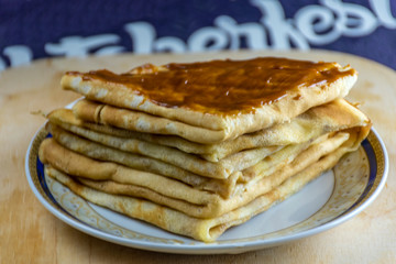 Homemade pancakes, milk pancakes on a plate.