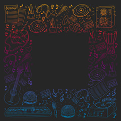 Vector pattern with musical intstruments. Rock, jazz, disco, karaoke. Modern and classic music. Doodle style icons.