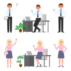 Happy, smiling, funny office worker man and blonde woman vector illustration. Front view standing with notes, waving hello, leaning on table boy and girl cartoon character set on white