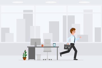 Young, adult man running away from office at the end of day vector illustration. Fast moving forward, going home male cartoon character on cityscape background