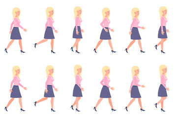 Fototapeta premium Young, adult woman walking sequence poses vector illustration. Moving forward, fast, slow going person cartoon character set on white