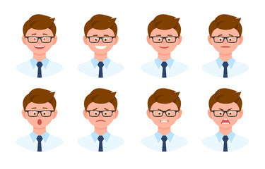 Fototapeta premium Emotional face cartoon character office man front view vector illustration set. Happy, smiling, upset, surprised, sad, angry, shouting eyeglasses person flat style concept
