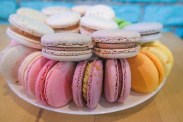 Macaroons on the table, colourful delicious bakery. . Close up of macaroons.