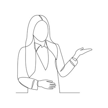 recommend clip art: Continuous line drawing of business woman showing for something presentation. Vector illustration
