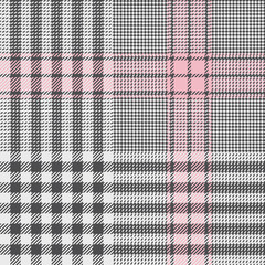 Glen check plaid pattern. Seamless hounds tooth vector plaid background texture in grey, pink, white for jacket, blanket, trousers, or other modern spring or summer tweed textile design.