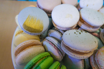 Close up of French macaroons.