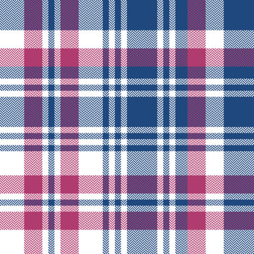 Seamless check plaid pattern. Winter bright tartan plaid background in blue, pink, and white for flannel shirt, scarf, blanket, throw, duvet cover, upholstery, or other modern textile print.