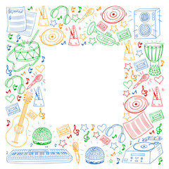 Fototapeta premium Vector pattern with musical intstruments. Rock, jazz, disco, karaoke. Modern and classic music. Doodle style icons.