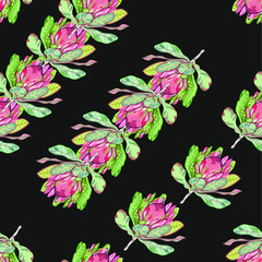 Royal protea tropical exotic flower seamless pattern. Floral print vector illustration for printing on textiles, paper, packaging, wallpaper.