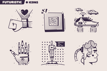 Technologies of the future. Retro icon set. Flat vector illustration