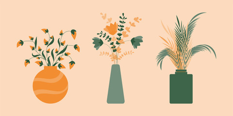 Set of flowers in vases vintage vector illustration. Flat floral concept for banner or flyer.