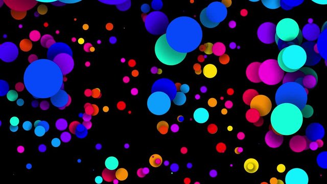 4k looped seamless abstract background, beautiful multi-colored circles in flat style like paint bubbles or dye droplets in water. Luma matte as alpha channel. Particles increase and decrease 8