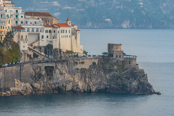 Naklejka premium Amalfi cityscape on coast line of mediterranean sea, Italy