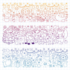 Merry Christmas and happy new year. Santa Claus, deer, snowman, penguin. Vector pattern.