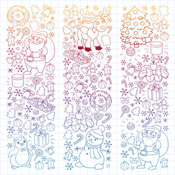 Merry Christmas and happy new year. Santa Claus, deer, snowman, penguin. Vector pattern.