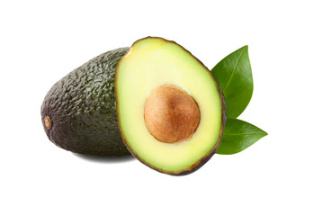 Avocados with avocado leaves isolated on white background. Variety from many.